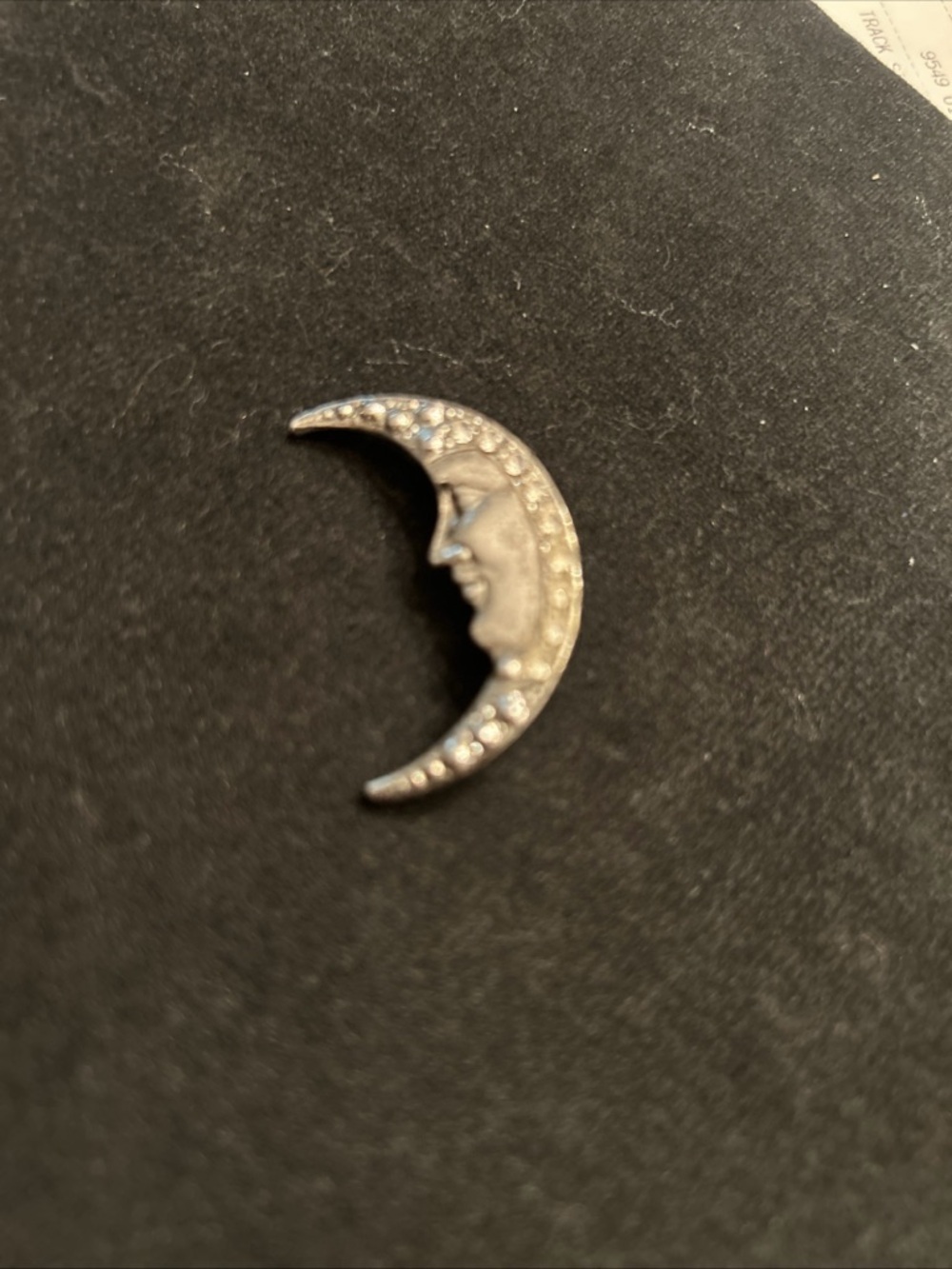 Silver Crescent Moon Face Brooch with Rhinestones